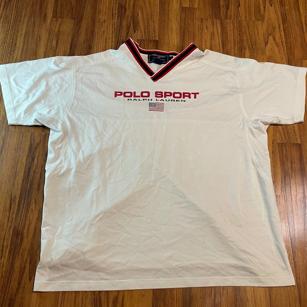 Polo Sport Ralph Lauren Jersey Shirt Mens Large White V-Neck Vintage 90s Cotton